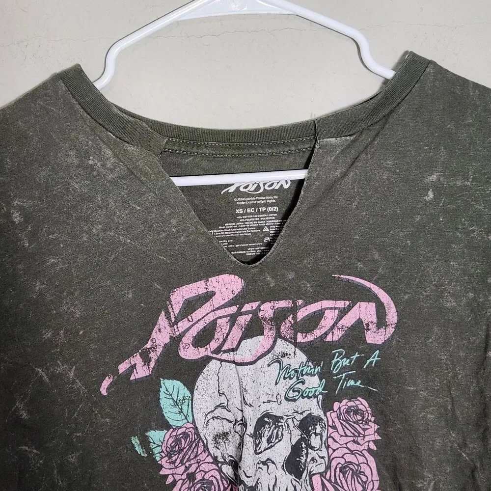 Poison Skull Rose Graphic Crop Top Tee Acid Wash Olive Green XS Rock Band Shirt